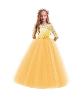 Flower girl Long Princess Dress Vintage Lace Maxi gown Kids Formal Wedding Bridesmaid Pageant Tulle Dresses Little Big girls Elegant Bowknot Dance First communion Birthday Prom Dresses Yellow 3-4Y