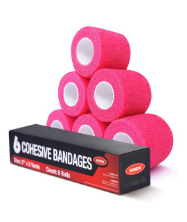 RISEN cohesive Bandage 2A x 5 Yards, 6 Rolls, Self Adherent Wrap Medical Tape, Adhesive Flexible Breathable First Aid gauze Ideal for Stretch Athletic, Ankle Sprains Swelling, Sports(Neon Pink)