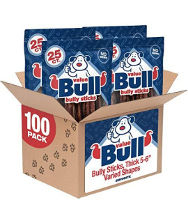 ValueBull Bully Sticks for Dogs, Thick 5-6 Inch, Varied Shapes, 100 Count - All Natural Dog Treats, 100% Beef Pizzles, Single Ingredient Rawhide Alternative