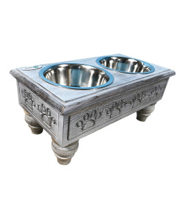 Iconic Pet Sassy Paws Raised Wooden Pet Double Diner with Stainless Steel Bowls for Dogs In Varying Sizes & Colors (Antique Gray - 32 oz)