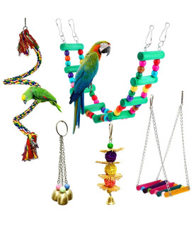 5 Pcs Bird Perches Cage Toys Hanging Bell Swing Chewing Toys Wooden Ladder Hammock for Small and Medium Parrot Birds, Cockatiels, Conures, Macaws, Finches