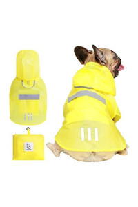 iChoue Dog Raincoat Packable Waterproof Rain Jacket Poncho with Reflective Stripe for Medium French Bulldog Pug (Yellow, M)