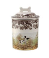 Spode Woodland Dog Treat Jar 7" | Dog Treat Container with Ceramic Lid | Assorted Dogs Design with Bone-shaped Handle | Made from High-quality Stoneware