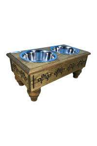 Iconic Pet Sassy Paws Raised Wooden Pet Double Diner with Stainless Steel Bowls for Dogs In Varying Sizes & Colors (Rustic Brown - 32 oz)