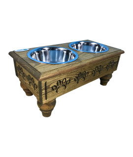 Iconic Pet Sassy Paws Raised Wooden Pet Double Diner with Stainless Steel Bowls for Dogs In Varying Sizes & Colors (Rustic Brown - 32 oz)