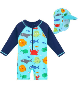 HUAANIUE BabyToddler Boy Swimsuit Rashguard Swimwear Long Sleeve One-Piece Sealife with Hat 3-4T