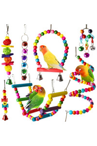 7 Pcs Bird Parakeet cockatiel Toys, ESRISE Hanging Bell Pet Bird cage Hammock Swing climbing Ladders Toy Wooden Perch chewing Toy for conures, Love Birds, Finche, Budgerigar