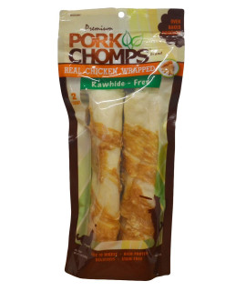 Pork Chomps Baked Pork Skin Dog Chews, 8-inch Rolls, Real Chicken Wrap, 2 Count