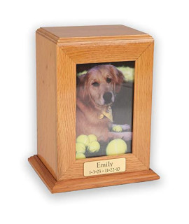 Cody Series Large Vertical Oak Wood Photo Pet Urn for Pets Weighing up to 125 Pounds with Engraved Brass Plate