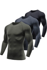 ATHLIO Mens Thermal Long Sleeve compression Shirts, Winter gear Sports Base Layer Top, Athletic Running T-Shirt, Active Top 3pack BlackcharcoalOlive, Small