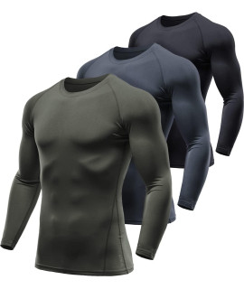 ATHLIO Mens Thermal Long Sleeve compression Shirts, Winter gear Sports Base Layer Top, Athletic Running T-Shirt, Active Top 3pack BlackcharcoalOlive, Small