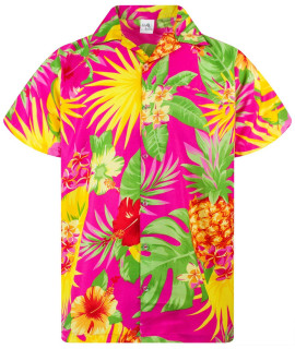 King Kameha Funky Hawaiian Shirt, Shortsleeve, Pineapple, Pink, S