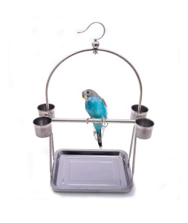 Bird Platform Playground Stainless Steel Perch gym Stand with Food Bowls for Parrot Macaw African grey Budgies Parakeet conure cage Exercise Toy (L)