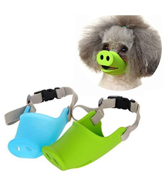 2 Pack Adjustable Dog Muzzle for Small Medium Breeds Dogs?Anti Bite Silicone Pets Mouth Cover with Pig Mouth Shape?Best to Prevent Biting, Screaming?Chewing and Barking?Blue & Green? (S: 3.82"2.36")