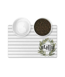 The Navy Knot Personalized Pet Mat - Neoprene, Sturdy & Non-Skid Back - Cats & Dogs Feeding Mat - Petfood, Water & Dish Bowl Pad - Edge Corner Utility Placemat (10x16, Gray Stripe Floral Wreath)
