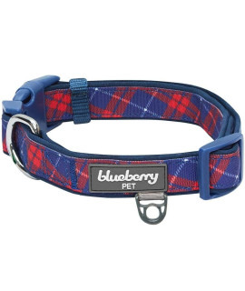 Blueberry Pet Soft Comfy Scottish Iconic Navy Blue Red Plaid Padded Adjustable Dog Collar, Large, Neck 18-26