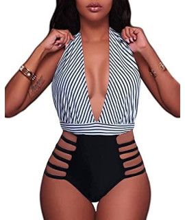 Aqua Eve Women Sexy One Piece Swimsuits Halter Plunge V Neck Cutout Bathing Suits Black Stripe Medium