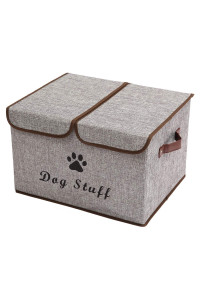 Geyecete Large Storage Boxes - Large Linen Fabric Foldable Storage Cubes Bin Box Containers With Lid And Handles For Dog Apparel Accessories, Dog Coats, Dog Toys, Dog Clothing(Grey)