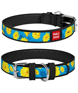WAUDOG Design Leather Dog Collar for Puppy Small Medium and Large Dogs Flowers on Blue - Boy & Girl Leather Dog Collar - Leather Buckle Dog Collar (14 3/5" - 18 4/5" Neck 1" Wide, Black)