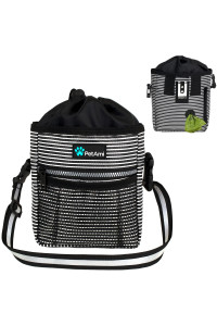 PetAmi Dog Treat Pouch | Dog Training Pouch Bag with Waist Shoulder Strap, Poop Bag Dispenser and Collapsible Bowl | Treat Training Bag for Treats, Kibbles, Pet Toys | 3 Ways to Wear(Black Stripes)