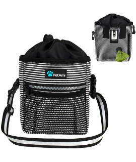 PetAmi Dog Treat Pouch | Dog Training Pouch Bag with Waist Shoulder Strap, Poop Bag Dispenser and Collapsible Bowl | Treat Training Bag for Treats, Kibbles, Pet Toys | 3 Ways to Wear(Black Stripes)