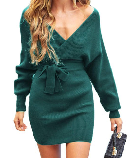 Zesica Womens Long Batwing Sleeve Wrap V Neck Knitted Backless Bodycon Pullover Sweater Dress With Belt,Green,X-Large