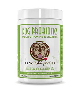 ScruffyPet Probiotics for Dogs with Multivitamins Minerals Digestive Enzymes Pumpkin and Cranberry Fruit, 36 Active Ingredients Per Soft Chew 120ct