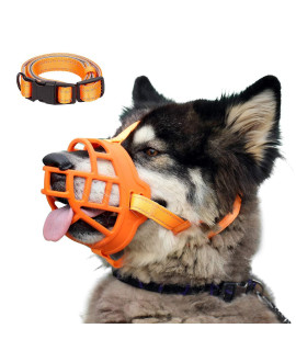 Dog Muzzle, Soft Silicone Basket Muzzle for Dogs, Allows Panting and Drinking, Prevents Unwanted Barking Biting and chewing, Included collar and Training guide