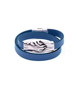 Silver-Plated Hand and Dog Paw Symbol Flat Bracelet, Genuine Leather Bracelet for Women and Men, Magnetic Clasp, Ideal for Pet Lovers and Pet Memorial, Dyed Leather, Navy Blue, Extra Small