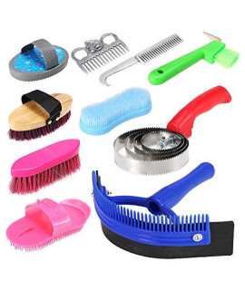 Explopur Horse Grooming Tool Set - 10-in-1 Mane Tail Comb Massage Curry Brush Sweat Scraper Hoof Pick Curry Comb Scrubber Cleaning Kit