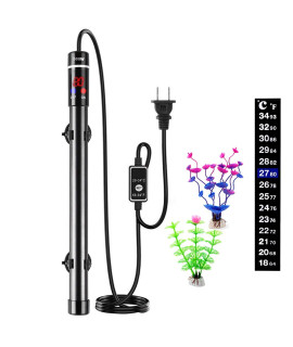 ZEETOON 500W Aquarium Heater with 2 Artificial Plants 1 Stick-on Thermometer, Safe Titanium Submersible Fish Tank Heater for Salt Water or Fresh Water 40-120 Gallon, LED Digital Thermostat Controller