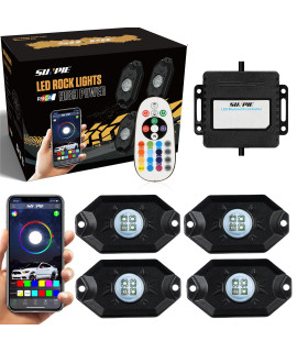 Rgbw Rock Lights, Sunpie 4 Pods High Power App Rf Remote Control Voice Mode Music Mode Automatic Control Multicolor Led Underglow Neon Light Kit Wheel Well Lights For Off Road Truck Suv Atv Utv Boats