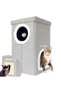 Downtown Pet Supply 2 Level Cat House - Modern Cat Condo & Kitten Bed - Foldable Cat Cube Bed with Cat Scratching Post and Cat Toy - 22 in x 11.5 in x 11.5 in - Grey Cat Ottoman