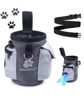 AMZNOVA Dog Treat Bag, Puppy Training Pouch, Animal Walking Snack Container Best Hiking Toys Pack Dispenser Carries with Waistband,Grey