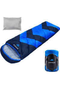Hihiker Camping Sleeping Bag + Travel Pillow Wcompact Compression Sack - 4 Season Sleeping Bag For Adults & Kids - Lightweight Warm And Washable, For Hiking Traveling (Royal Blue Bold)