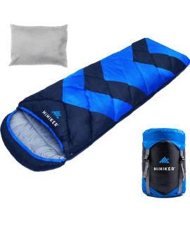 Hihiker Camping Sleeping Bag + Travel Pillow Wcompact Compression Sack - 4 Season Sleeping Bag For Adults & Kids - Lightweight Warm And Washable, For Hiking Traveling (Royal Blue Bold)