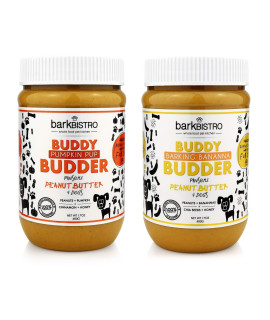 BUDDY BUDDER BARKIN Banana Pumpkin PUP, Dog Peanut Butter, Healthy Dog Treats, Peanut Butter Dog Treats, Stuff in Toy, Dog Enrichment - Made in USA (Set of 2 17OZ Jars)