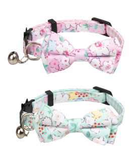 Gyapet Collar For Cats Pets Breakaway With Bell Bowtie Floral Bow Detachable Adjustable Safety Puppy 2Pcs Green Pink Pearflower