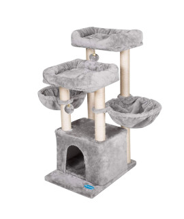 Hey-brother 37.8 inches Medium-Size Cat Tree for 3 Cats Use with Luxury Condo, Cat Tower with 2 Padded Plush Perches and 2 Cozy Baskets, Light Gray MPJ006W