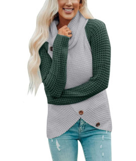 Asvivid Sweaters For Women 2023 Cowl Neck Contrast Color Block Pullover Lightweight Button Asymmetrical Wrap Sweater Green Sweater Tops L
