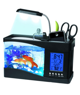 Mini Fish Tank, Multifunctional USB Rechargeable Fish Tank Desktop Electronic Aquarium with Clock Function LED Light Pen Holder for Office, Home