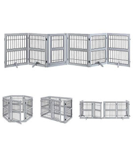 unipaws Pet Playpen with Wood and Wire, 6 Panels Extra Wide Freestanding Walk Through Dog Gate with 4 Support Feet, Foldable Stairs Barrier Pet Exercise Pen for Dogs Cats (Dog Playpen, 6-Panel, Gray)