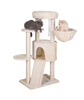Hey-brother cat Tree with Scratching Board, cat Tower with Padded Plush Perch and cozy Basket, Multi-Platform for Jump, Beige MPJ005M