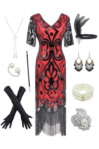 Womens 1920s gatsby Inspired Sequin Beads Long Fringe Flapper Dress wAccessories Set