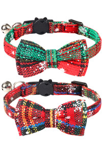 Joytale Christmas Breakaway Cat Collar with Bow Tie and Bell, Cute Plaid Patterns, 2 Pack Girl Boy Kitty Safety Collars, Christmas Red+Green