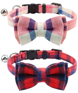 Joytale Updated Breakaway Cat Collar with Bow Tie and Bell, Cute Plaid Patterns, 2 Pack Girl Boy Kitty Safety Collars, Pink+Red