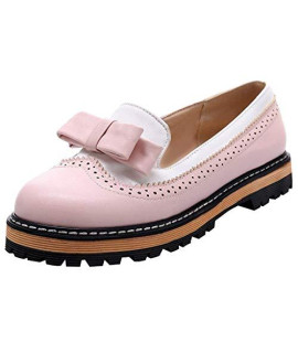 Frunalte Women's Slip-on Comfortable Solid Color Low Heel Round Toe Bowknot Casual Oxfords Leather Shoes Single Shoes Pink