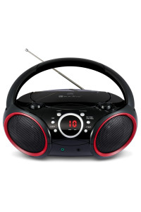 SINgINg WOOD 030c Portable cD Player Boombox with AM FM Stereo Radio, Aux Line in, Headphone Jack, Supported Ac or Battery Powered (Black with a Touch of Red Rims)