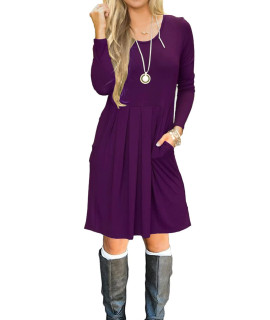 Auselily Womens Plus Size Long Sleeve Pleated Loose Swing Casual Dress With Pockets Knee Length (3Xl, Purple)