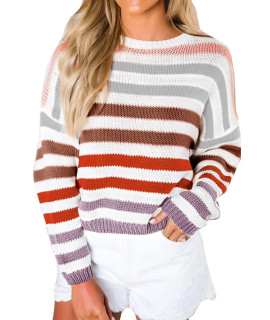 Merokeety Womens Crew Neck Long Sleeve Color Block Knit Sweater Casual Pullover Jumper Tops